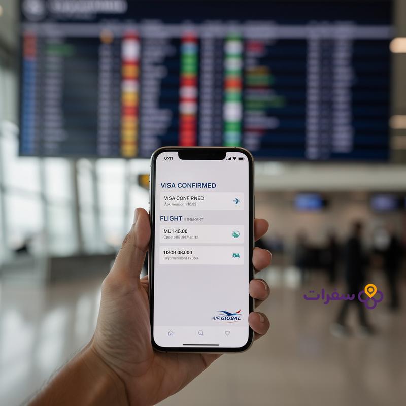 dubai visa for iraqis guide section 4 يد تحمل هاتفًا محمولاً يعرض تأكيد تأشيرة رقمية، مع لوحة مغادرة مطار في الخلفية