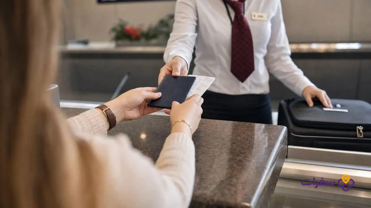 flight booking change or cancellation 4 بطاقة صعود الطائرة وجواز سفر مفتوح موضوعان على طاولة في مطار، مع قلم جاهز للكتابة.