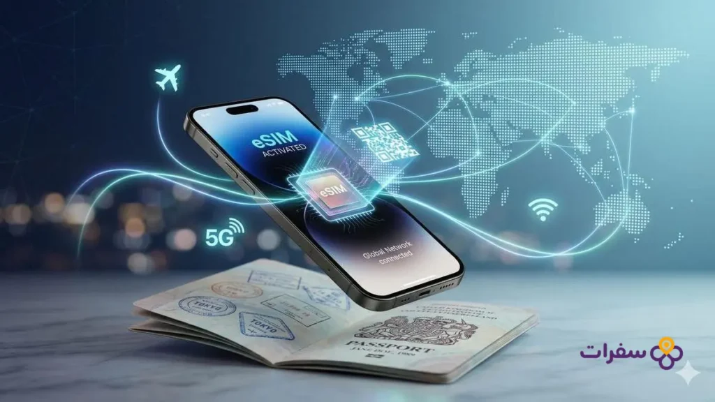 international roaming vs esim 0 5 صورة تبرز الفرق بين التجوال الدولي والشريحة الإلكترونية كدليل لاختيار الأنسب لرحلتك، مع خلفية سفر عالمية.