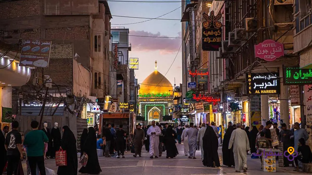 najaf hotels near shrine guide 2 خريطة تفصيلية لمدينة النجف توضح الشوارع الرئيسية المحيطة بمرقد الإمام علي.