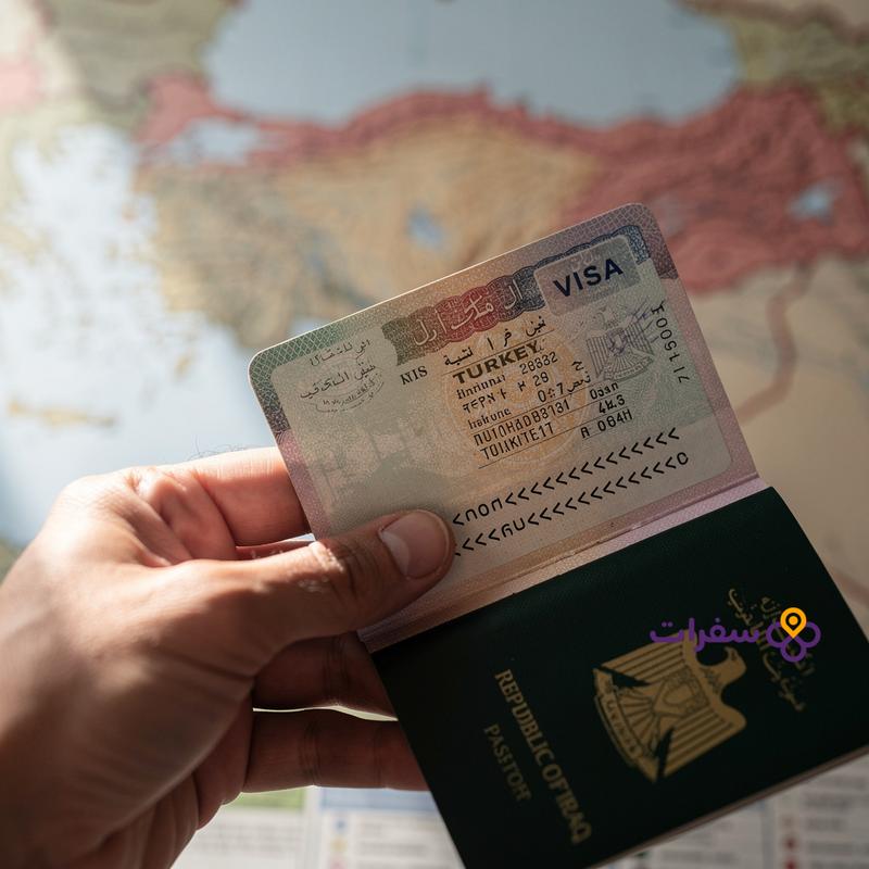 turkey visa for iraqis guide featured 0 فيزا تركيا للعراقيين - صورة مقربة ليد تحمل جواز سفر عراقياً مع ختم تأشيرة تركية، وخريطة تركيا في الخلفية