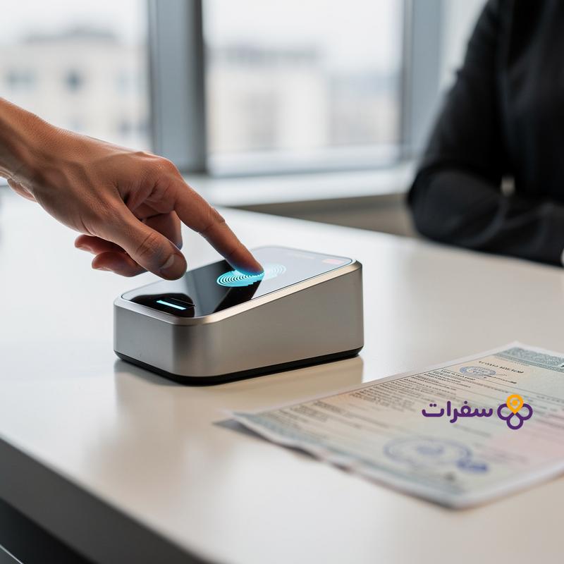 يد شخص تضع إصبعها على ماسح ضوئي للبصمات في مركز تقديم التأشيرات
