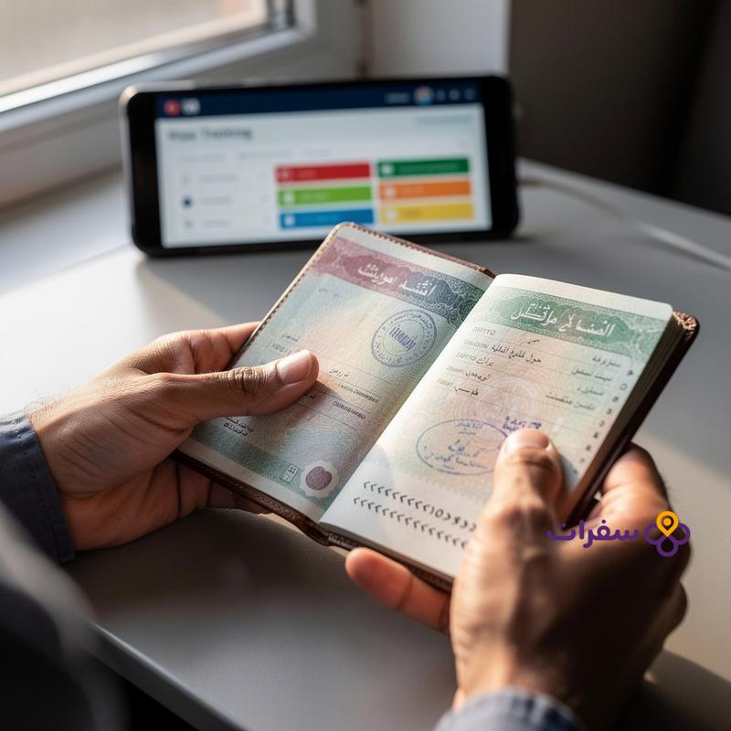 يدا شخص تحمل جواز سفر عراقياً مفتوحاً يظهر صفحة تأشيرة تركية حديثة، مع هاتف ذكي يعرض موقع تتبع التأشيرات في الخلفية