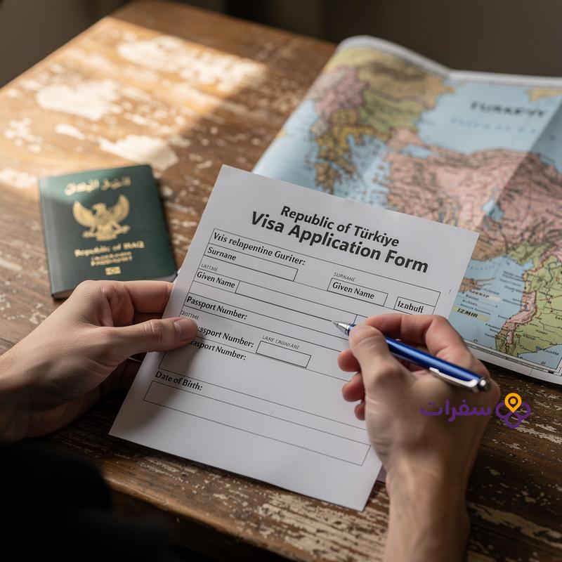 turkey visa requirements for iraqis featured 0 متطلبات فيزا تركيا للعراقيين - صورة مقربة لأيدي شخص يحمل استمارة طلب فيزا تركيا وقلمًا، مع جواز سفر عراقي وخريطة تركيا في الخلفية.