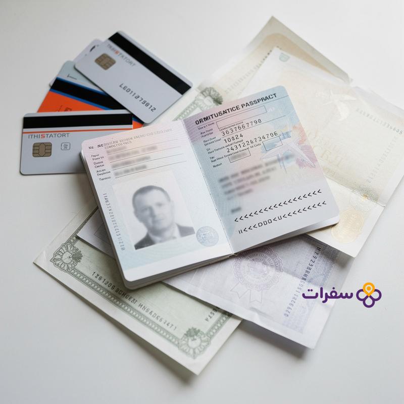 مجموعة منظمة من المستندات الشخصية الأساسية، بما في ذلك جواز سفر مفتوح وبطاقات هوية.