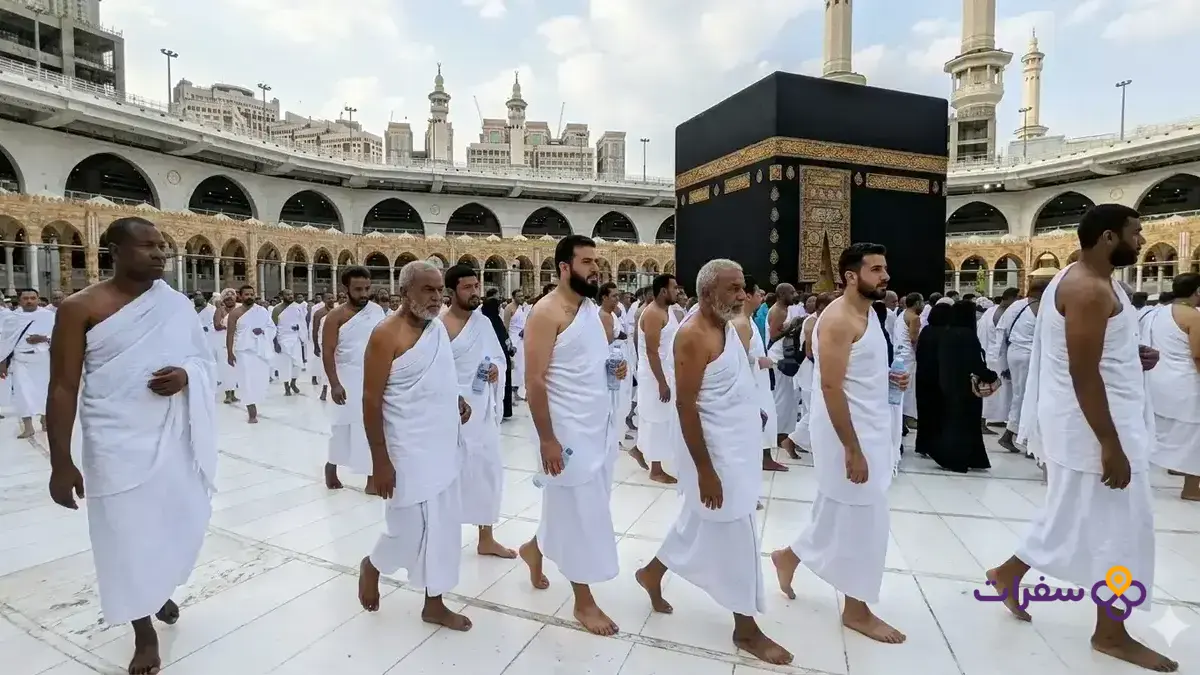 umrah visa requirements for iraqis 1 حجاج العمرة يرتدون ملابس الإحرام البيضاء ويمشون في جماعات.